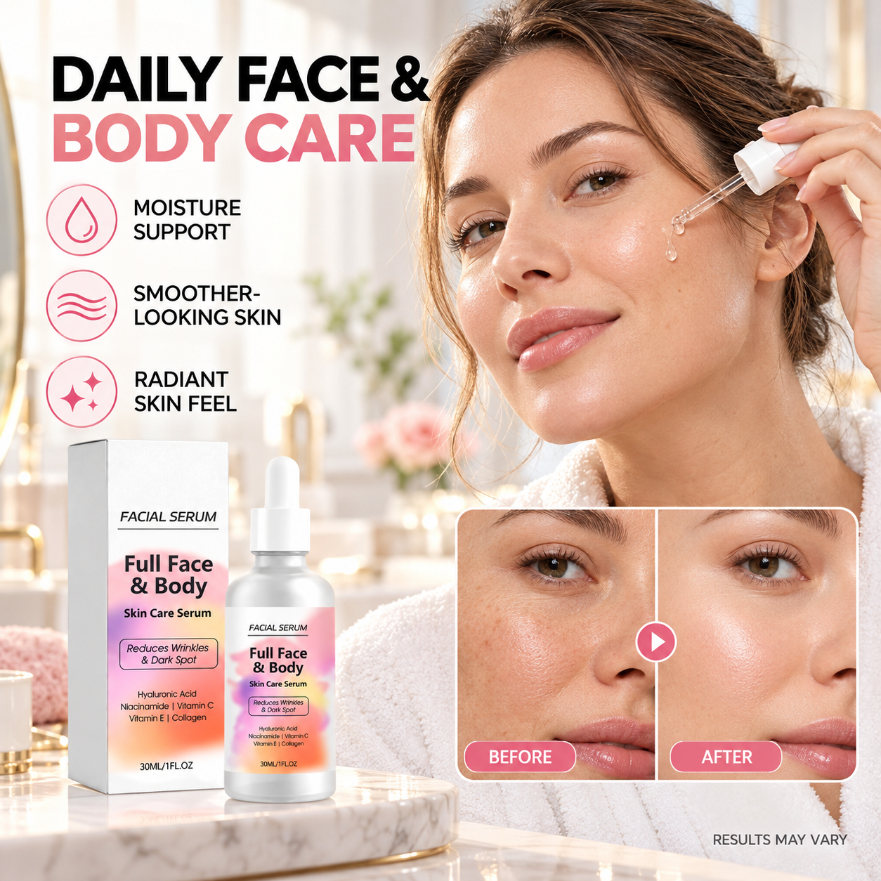 Wholesale Full Face Body Serum 30ml with Hydrolyzed Collagen Niacinamide and Hyaluronic Acid Dark Spot Whitening Face Serum