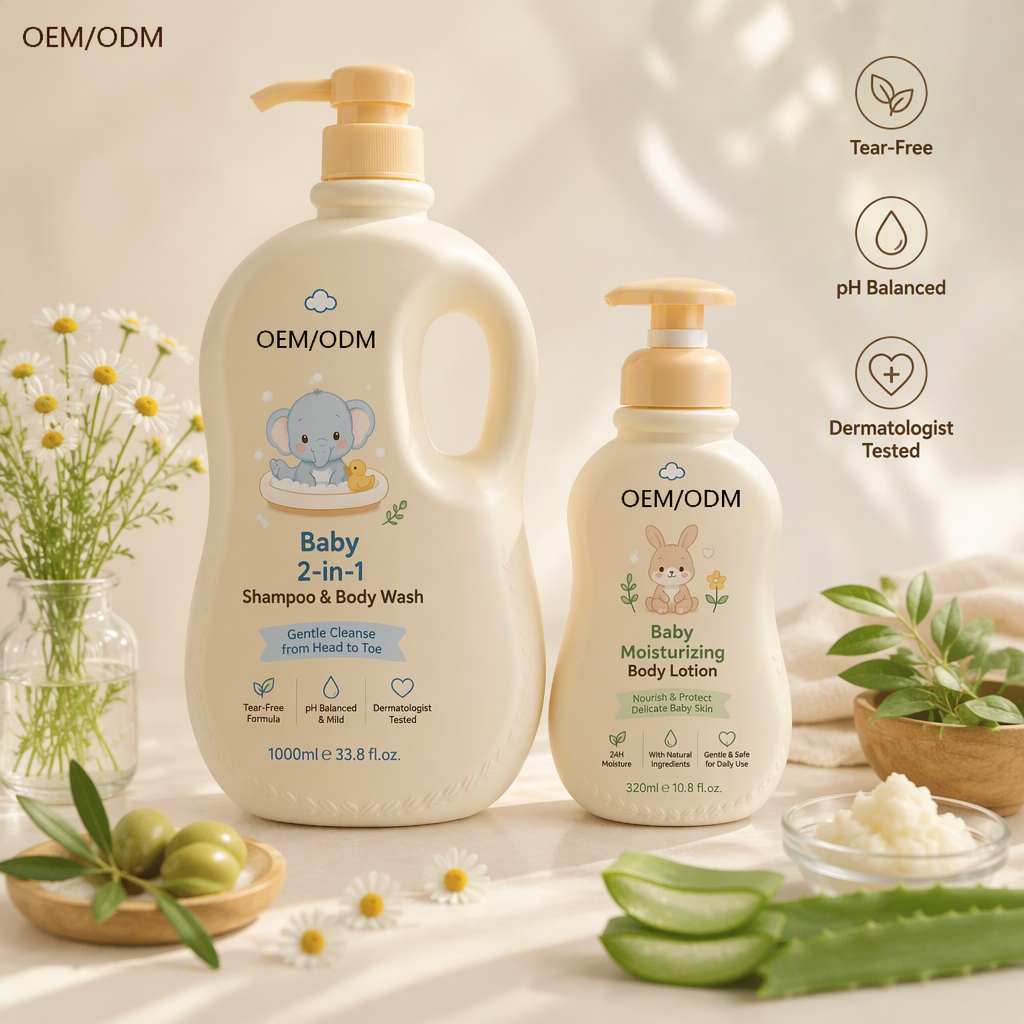 Private Label Vegan Baby Skincare Set, 2 In 1 Shampoo &amp; Body Wash + Baby Lotion, Sulfate Free Aloe Vitamin E, Bulk OEM ODM