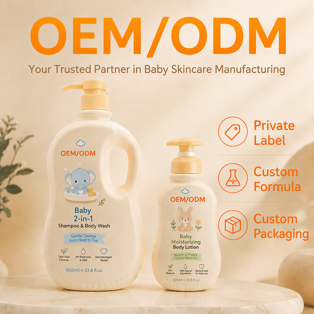 Private Label Vegan Baby Skincare Set, 2 In 1 Shampoo &amp; Body Wash + Baby Lotion, Sulfate Free Aloe Vitamin E, Bulk OEM ODM