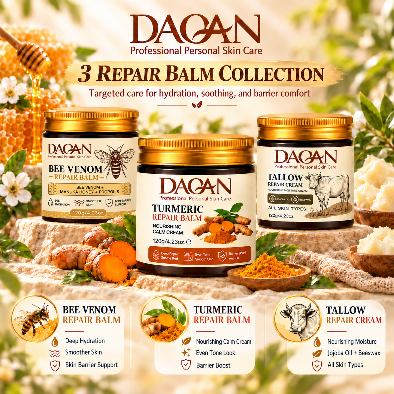 DAQAN Moisturizing Nourishing Tallow Balm Bee Venom, Turmeric &amp; Tallow Nourishing Moisture Care Cream, Skin Care Set 120 G