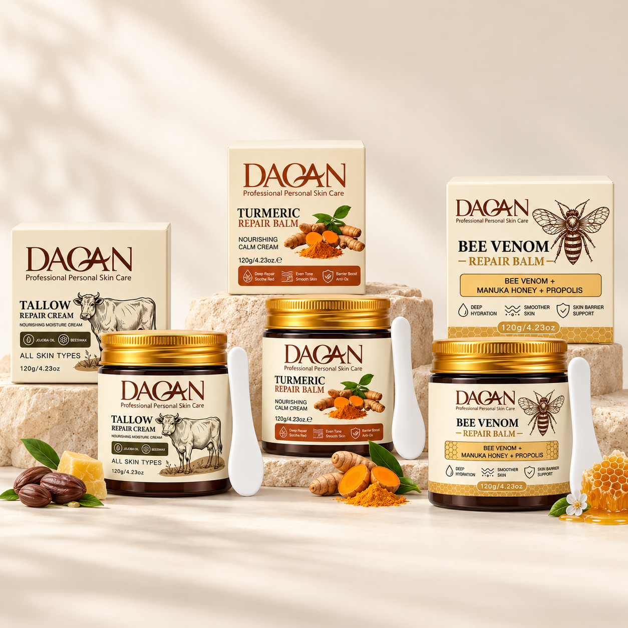 DAQAN Moisturizing Nourishing Tallow Balm Bee Venom, Turmeric &amp; Tallow Nourishing Moisture Care Cream, Skin Care Set 120 G