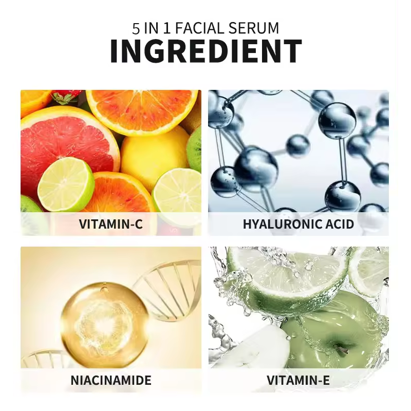 Factory Wholesale 5 in 1 Hyaluronic Acid Vitamin C Vitamin E Collagen Face Serum Anti Aging Brightening Facial Skin Serum