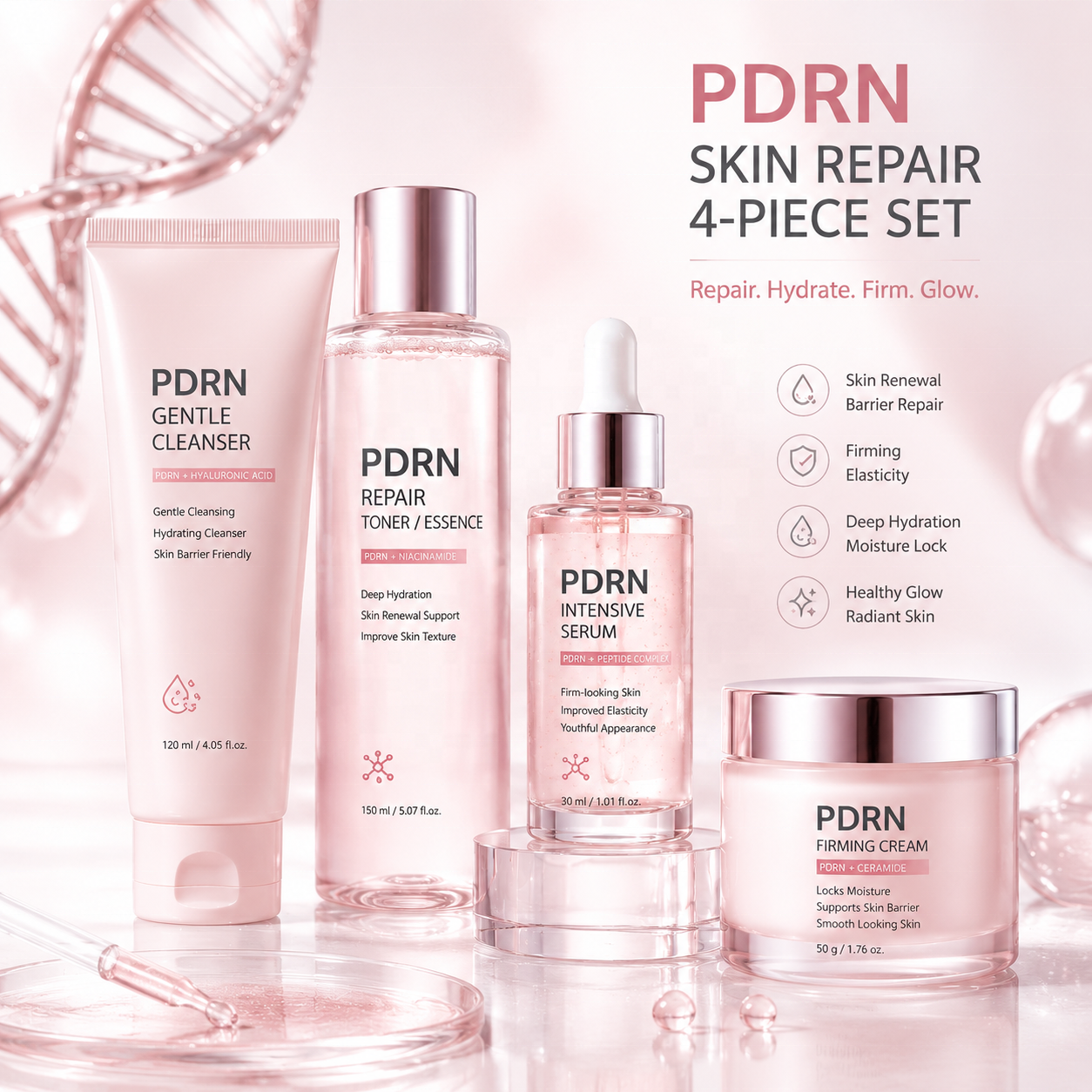 Korean PDRN Skin Care Routine Salmon DNA Peptide Niacinamide Hyaluronic Acid Serum Cream Glow Repair Care Skincare Set