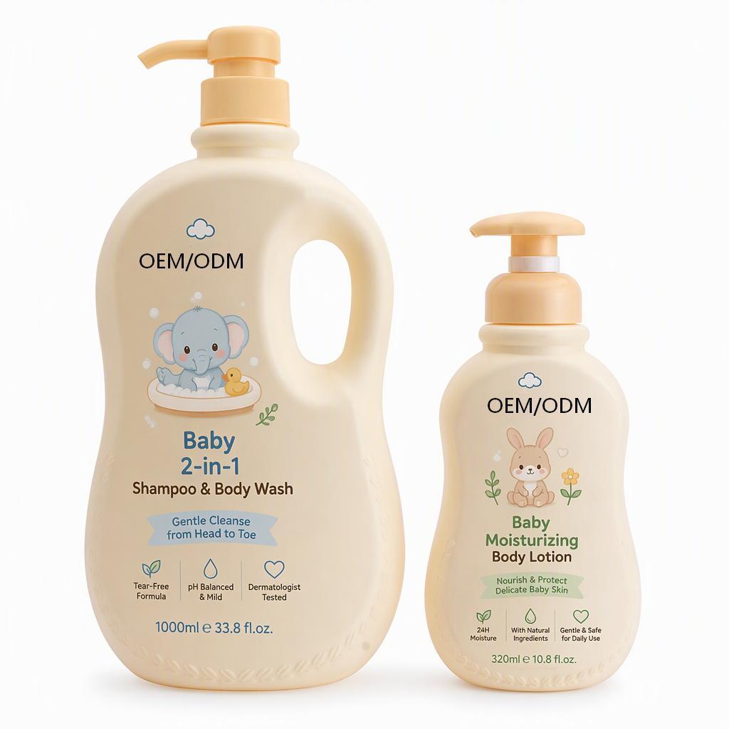 Private Label Vegan Baby Skincare Set, 2 In 1 Shampoo &amp; Body Wash + Baby Lotion, Sulfate Free Aloe Vitamin E, Bulk OEM ODM