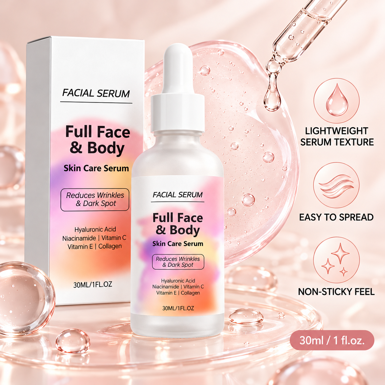 Wholesale Full Face Body Serum 30ml with Hydrolyzed Collagen Niacinamide and Hyaluronic Acid Dark Spot Whitening Face Serum