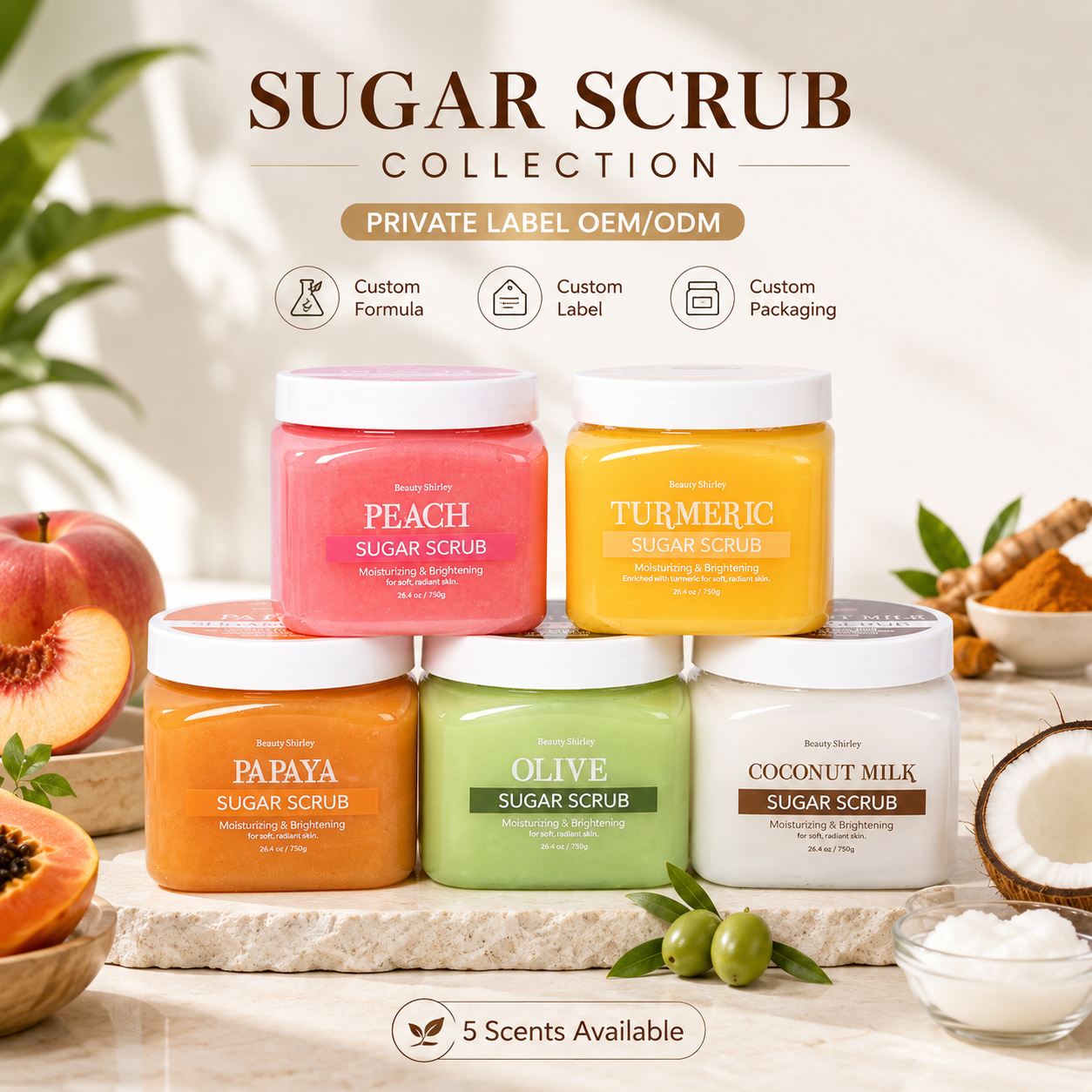 750g Multi-flavor Fruit Body Scrub Papaya Peach Coconut Turmeric Olive Deep Cleansing Brightening Sugar Scrub