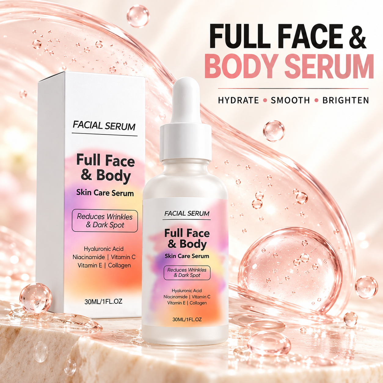 Wholesale Full Face Body Serum 30ml with Hydrolyzed Collagen Niacinamide and Hyaluronic Acid Dark Spot Whitening Face Serum