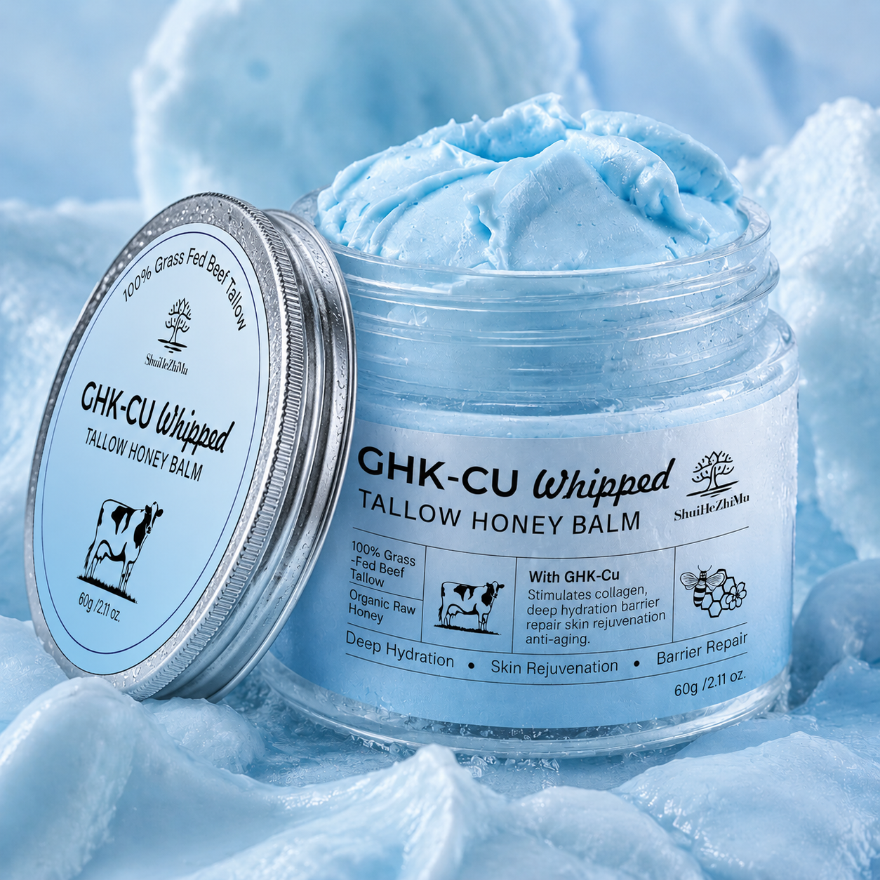 Private Label 100% Grass-Fed GHK-Cu Whipped Tallow Honey Balm for Eczema Relief 60g OEM ODM Skin Barrier Restore Face Cream