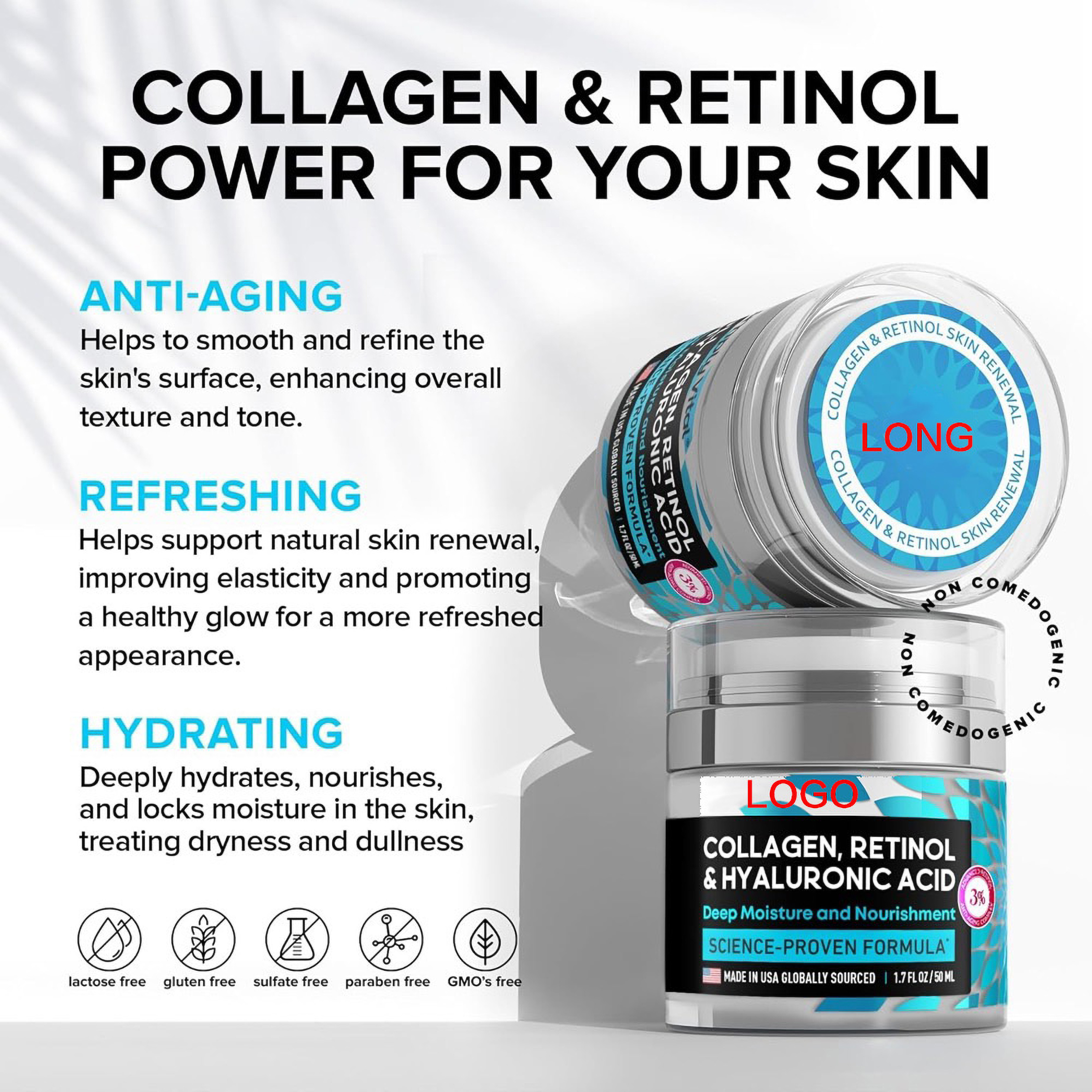 Private Label 2.5% Retinol Face Cream with Hyaluronic Acid Vitamin E Glycerin Anti-Wrinkle Freckle Whitening Properties