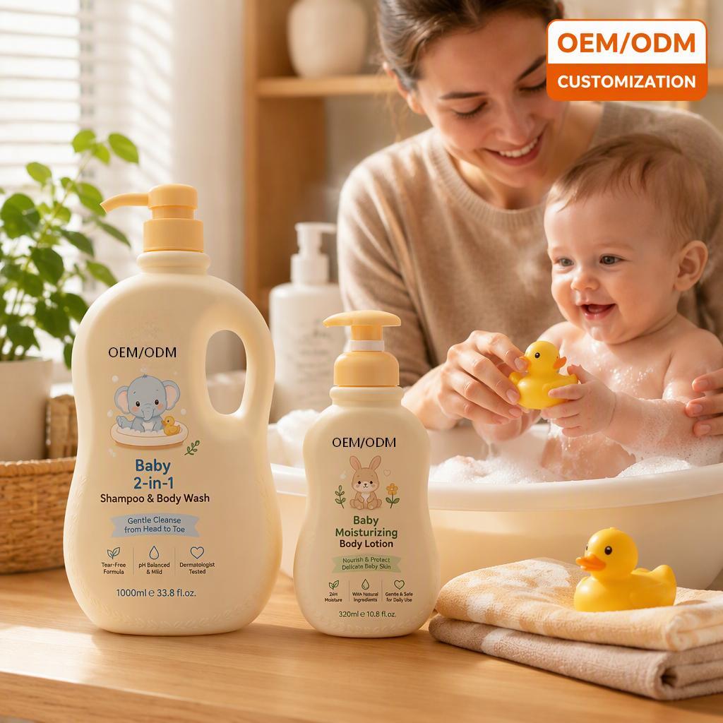 Private Label Vegan Baby Skincare Set, 2 In 1 Shampoo &amp; Body Wash + Baby Lotion, Sulfate Free Aloe Vitamin E, Bulk OEM ODM