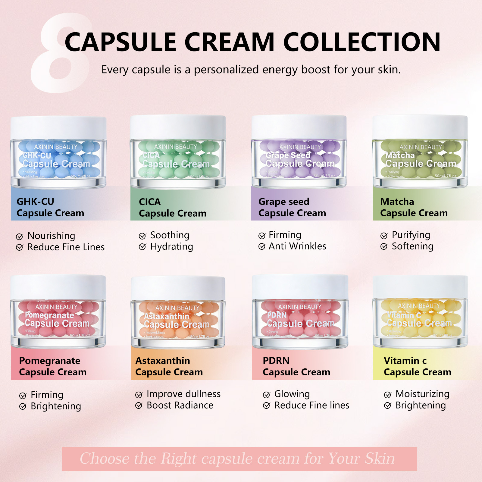 Private Label 8 Types Capsule Face Cream OEM ODM PDRN GHK-Cu Vitamin C Anti Aging Whitening Moisturizer Capsule Cream Series