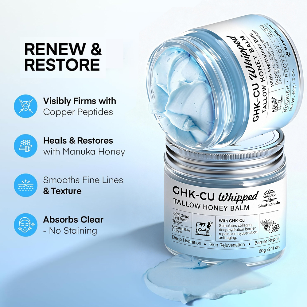 Private Label 100% Grass-Fed GHK-Cu Whipped Tallow Honey Balm for Eczema Relief 60g OEM ODM Skin Barrier Restore Face Cream