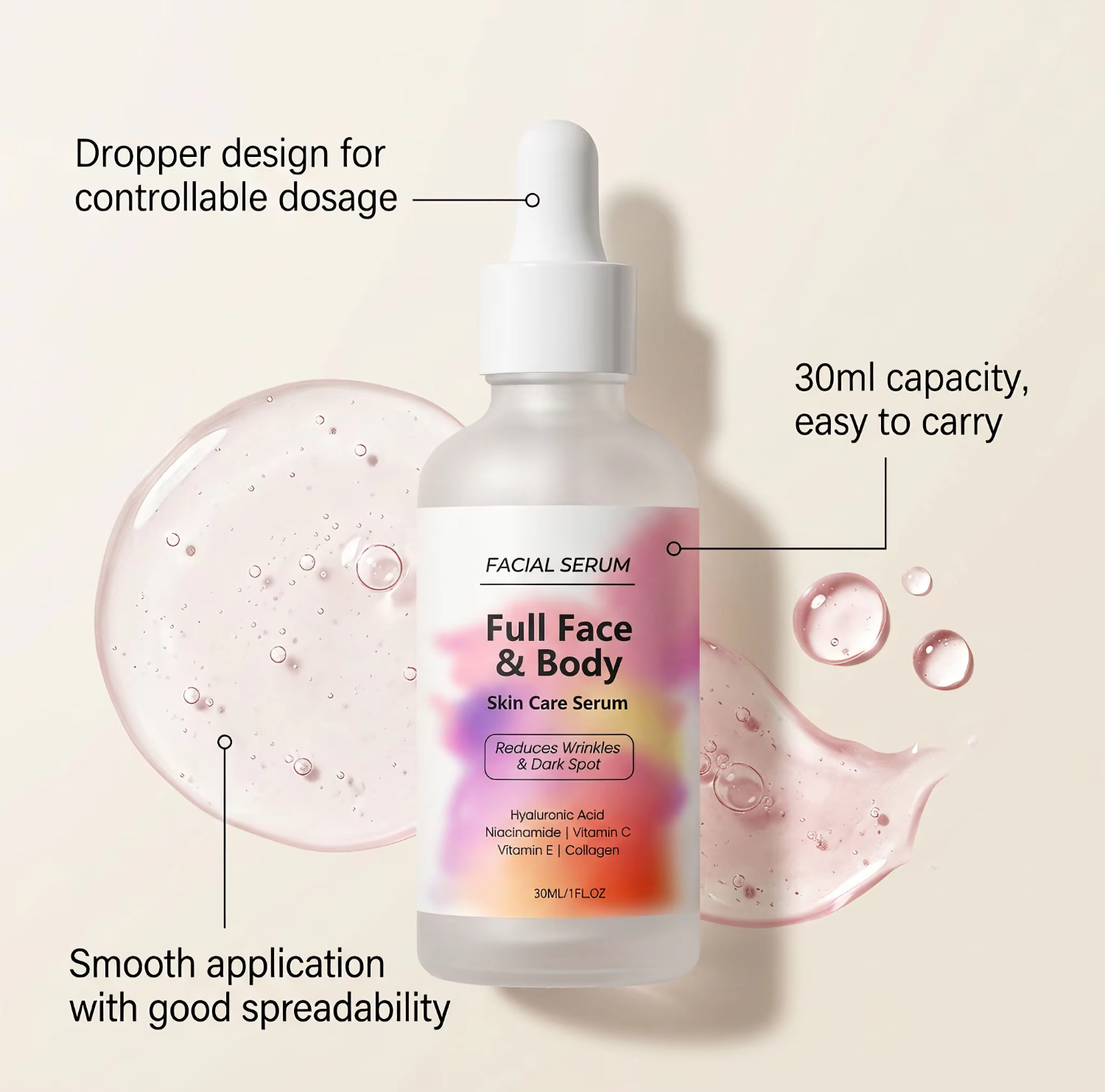 Wholesale Full Face Body Serum 30ml with Hydrolyzed Collagen Niacinamide and Hyaluronic Acid Dark Spot Whitening Face Serum