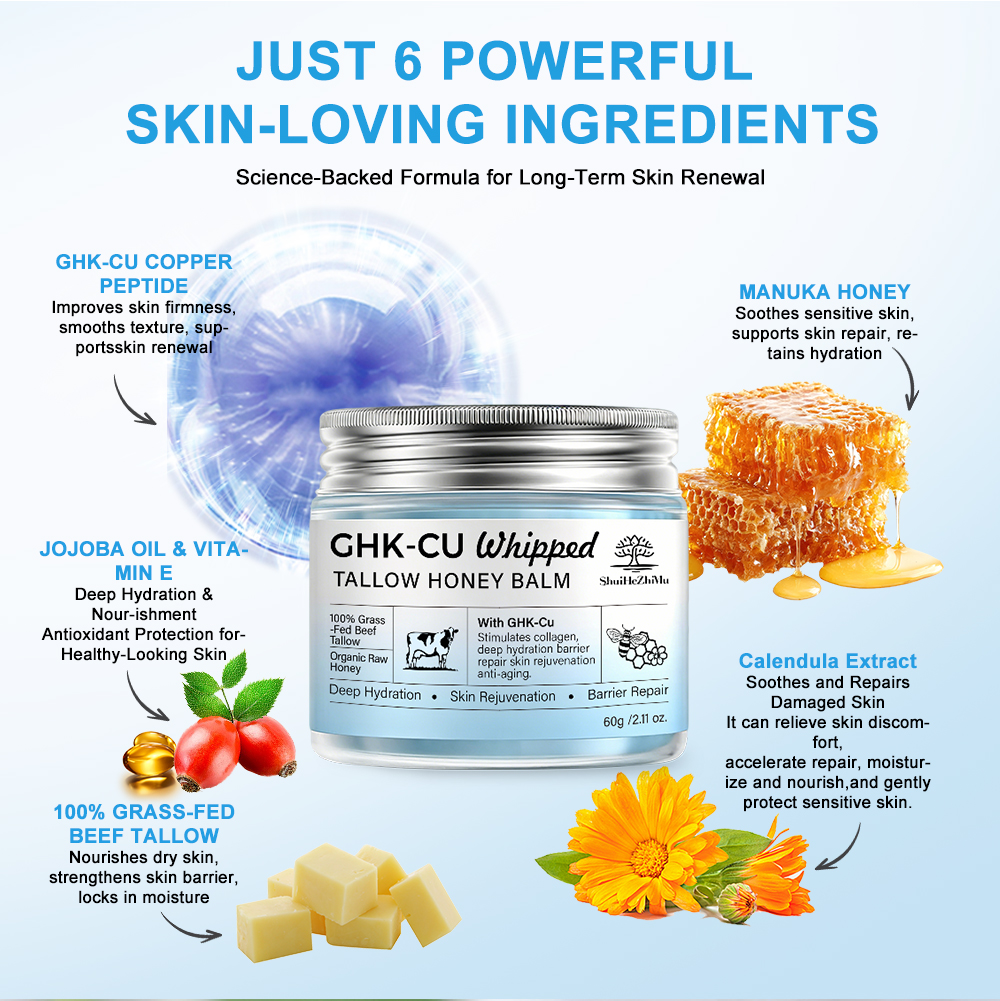 Private Label 100% Grass-Fed GHK-Cu Whipped Tallow Honey Balm for Eczema Relief 60g OEM ODM Skin Barrier Restore Face Cream
