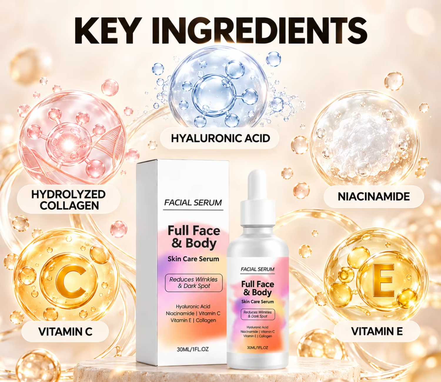 Wholesale Full Face Body Serum 30ml with Hydrolyzed Collagen Niacinamide and Hyaluronic Acid Dark Spot Whitening Face Serum